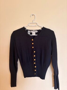 Navy Blue Button-Front Women's Sweater with chic gold hardware, 100% wool